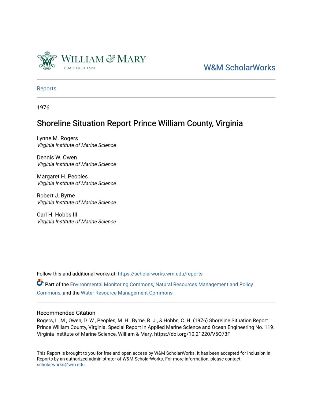 Shoreline Situation Report Prince William County, Virginia