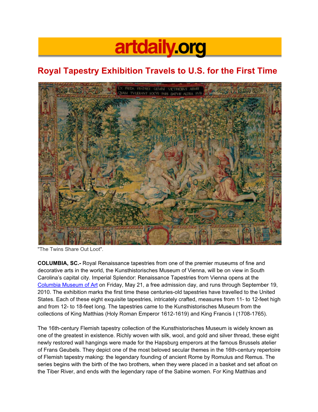 Royal Tapestry Exhibition Travels to U.S. for the First Time