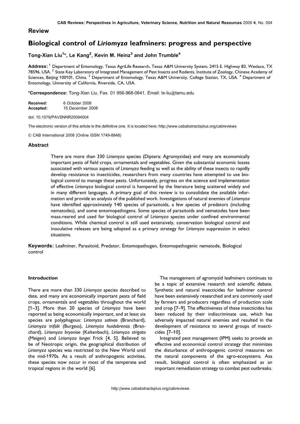 Biological Control of Liriomyza Leafminers: Progress and Perspective