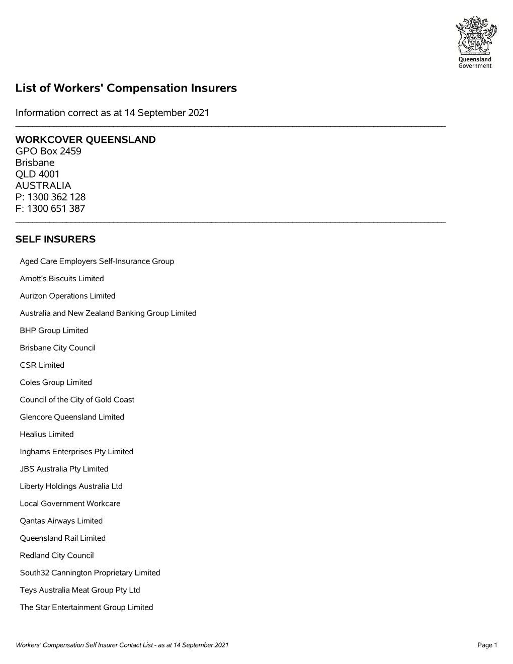 Workers' Compensation Self-Insurer Contact List