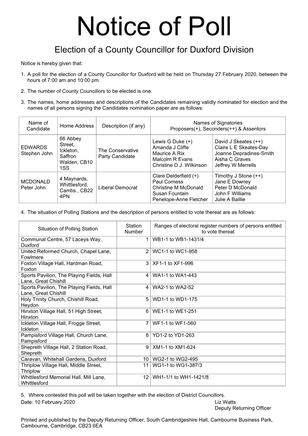 Election of a County Councillor for Duxford Division