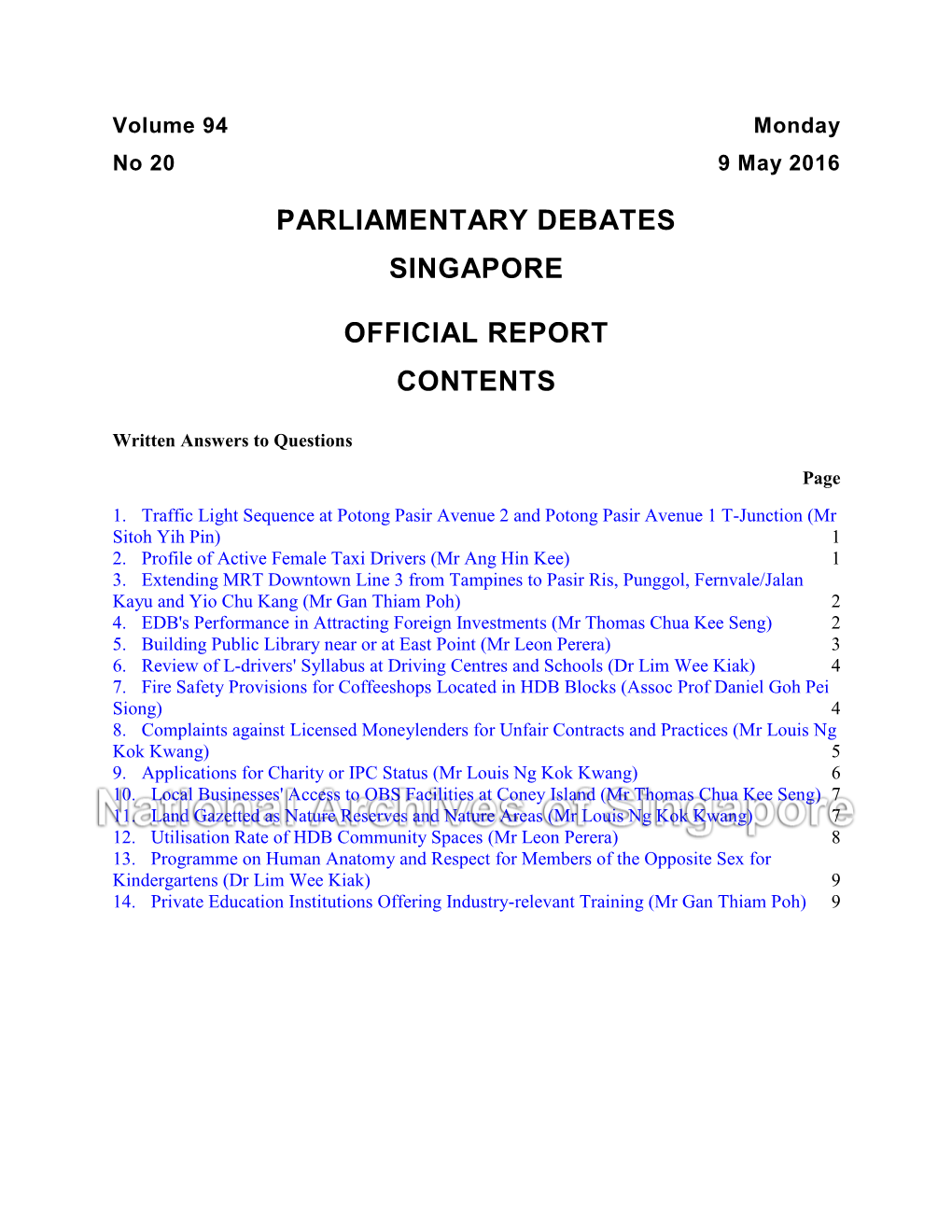 Parliamentary Debates Singapore Official Report Contents