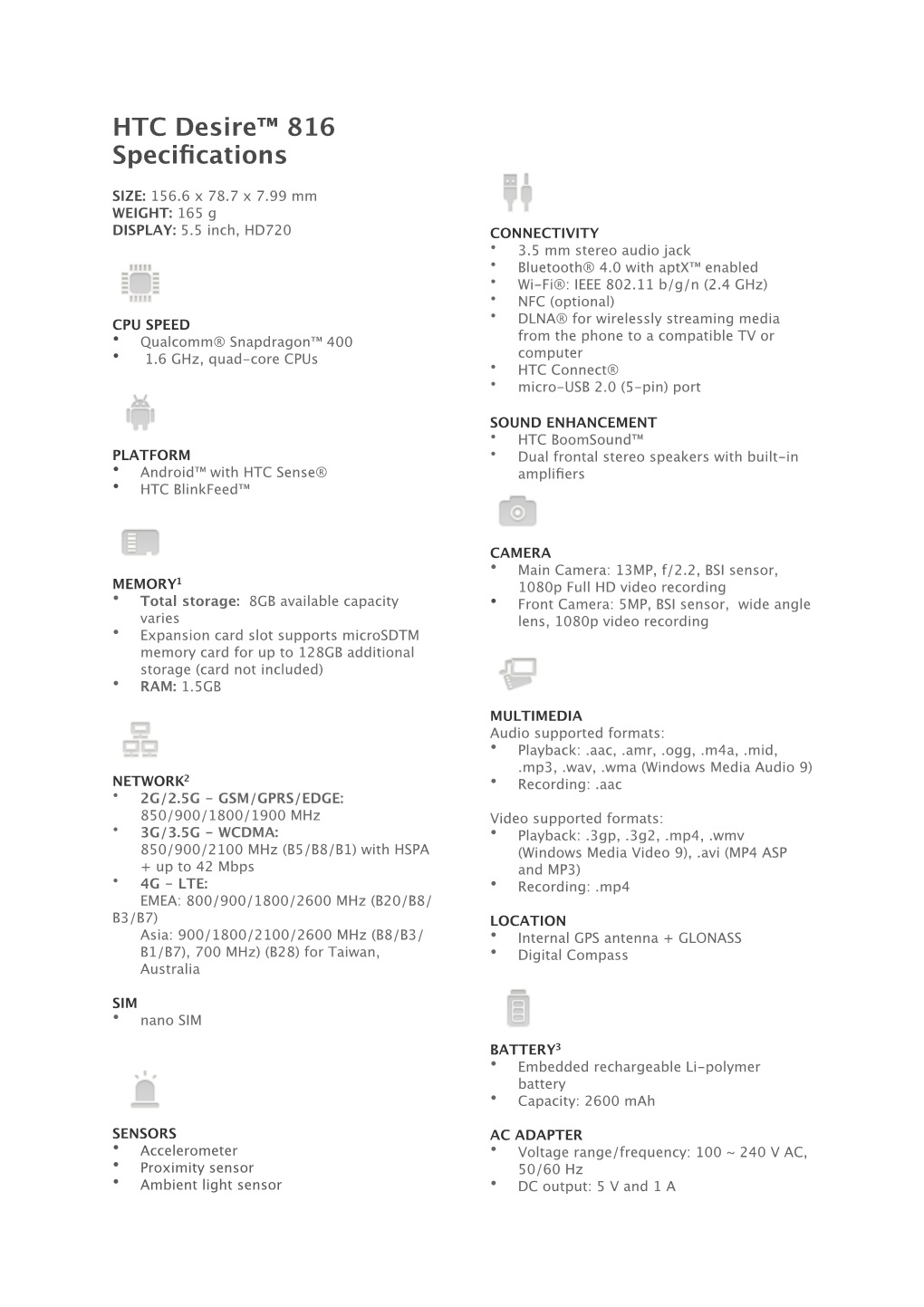 HTC Desire 816 Spec Sheet