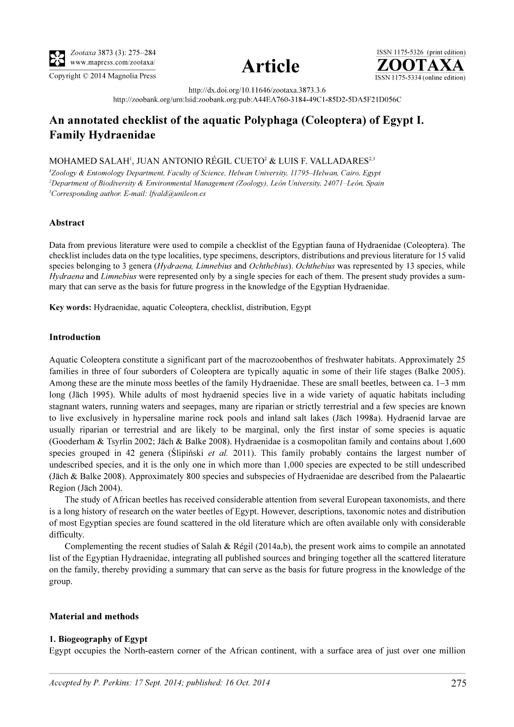 An Annotated Checklist of the Aquatic Polyphaga (Coleoptera) of Egypt I