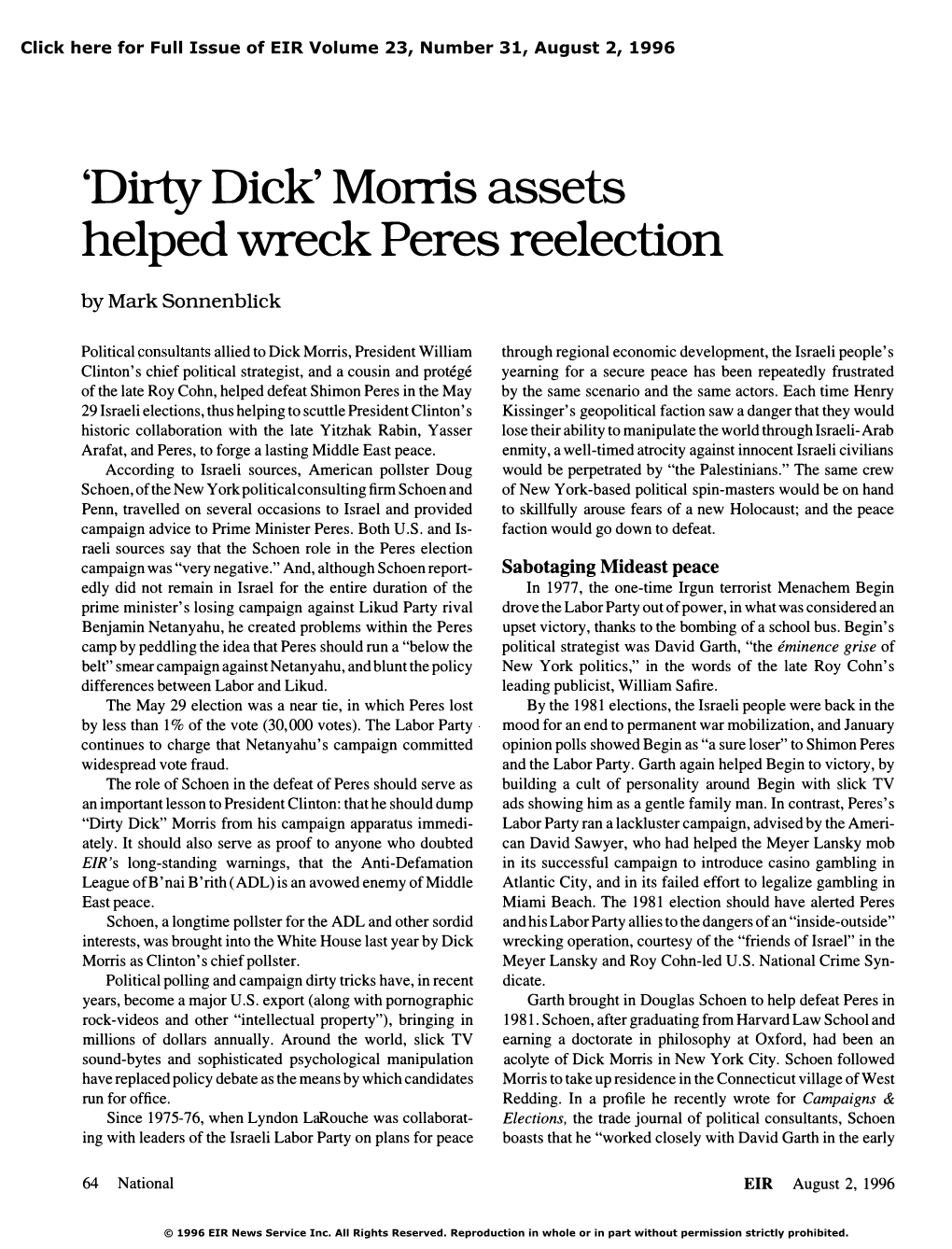 'Dirty Dick' Morris Assets Helped Wreck Peres Reelection