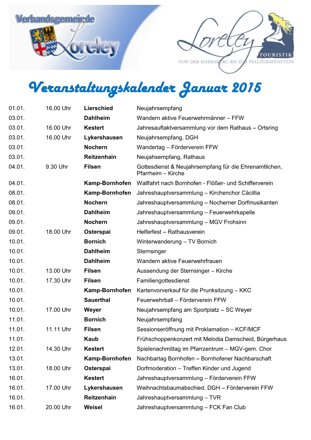 Veranstaltungskalender Januar 2015