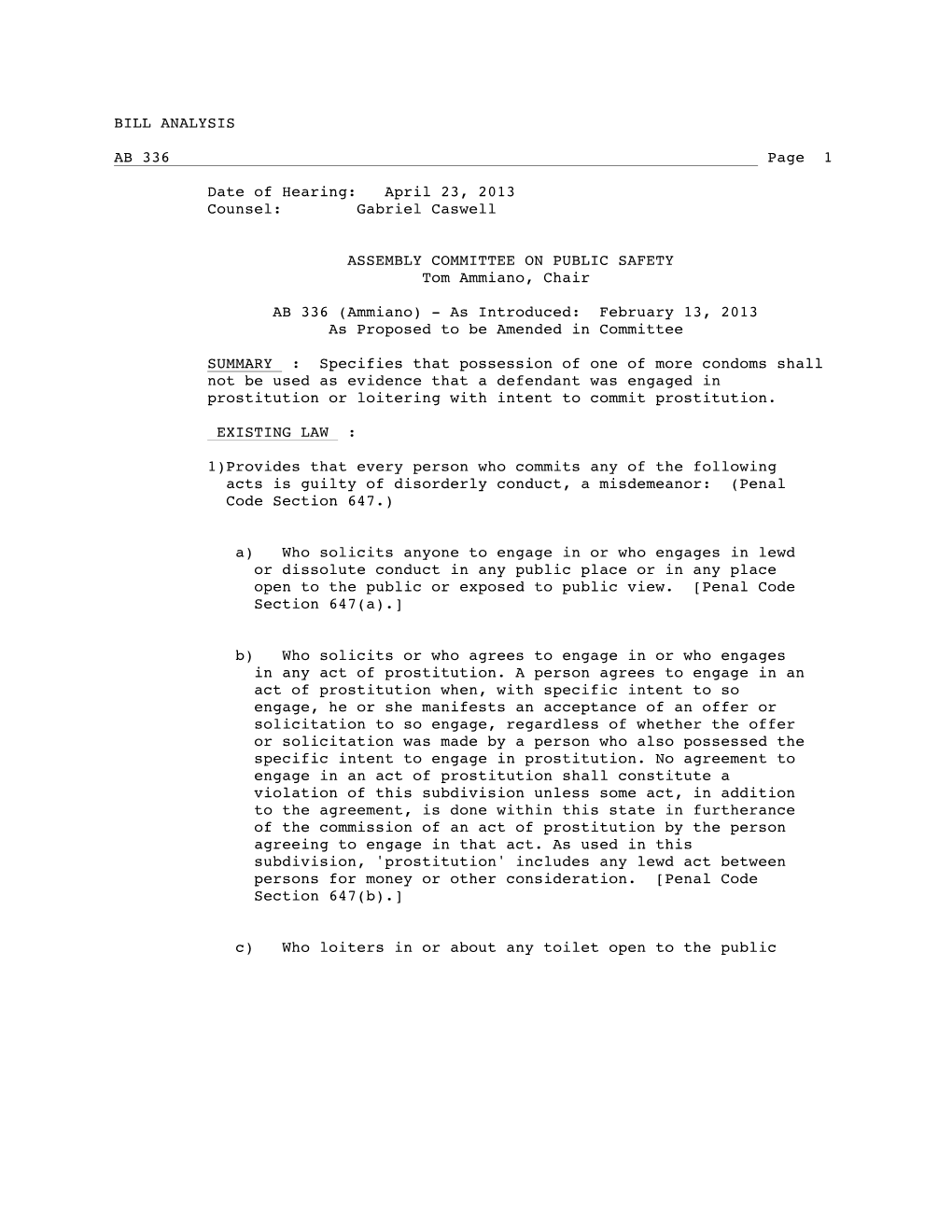 BILL ANALYSIS AB 336 Page 1 Date