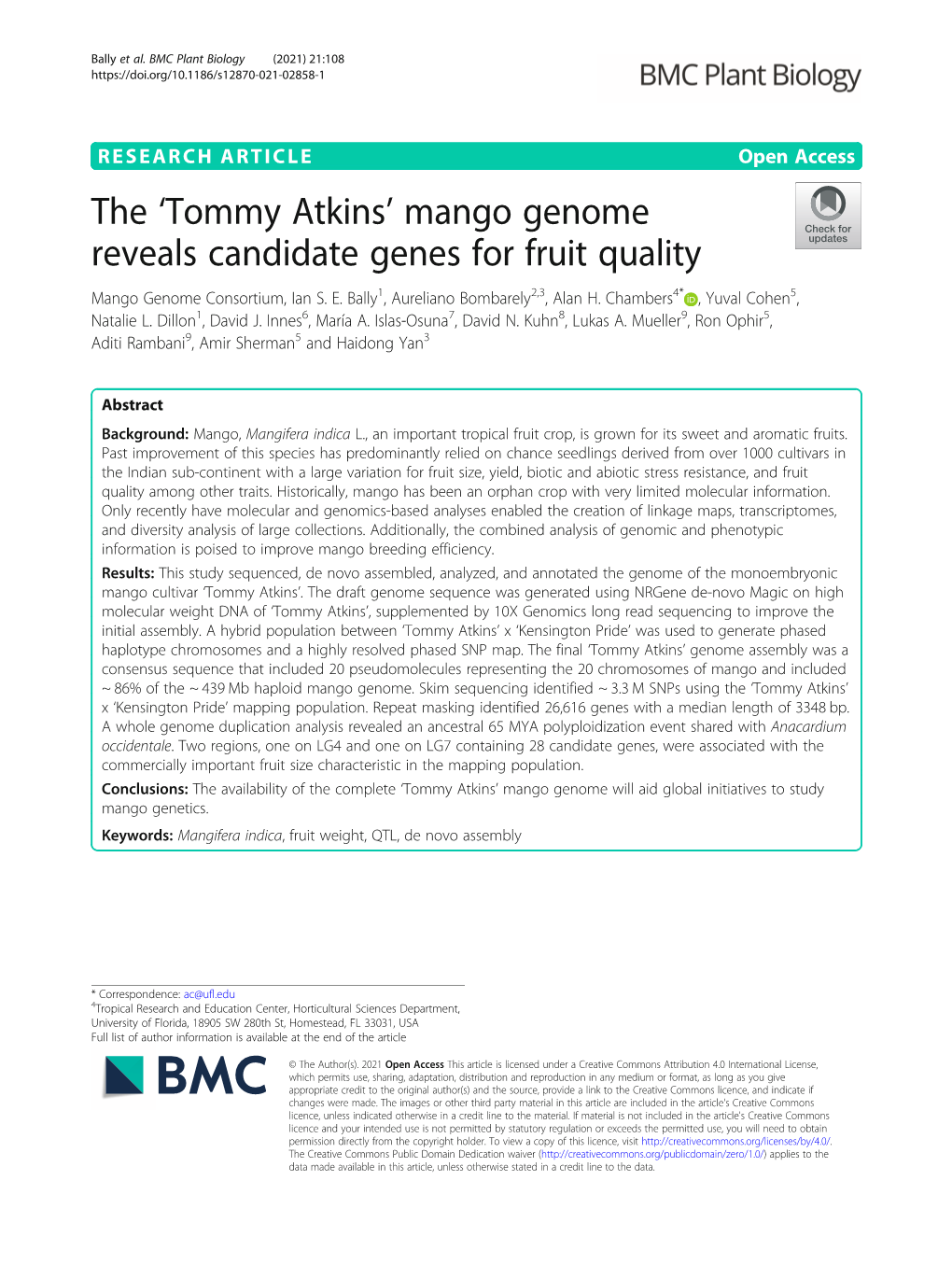 The 'Tommy Atkins' Mango Genome Reveals Candidate Genes for Fruit