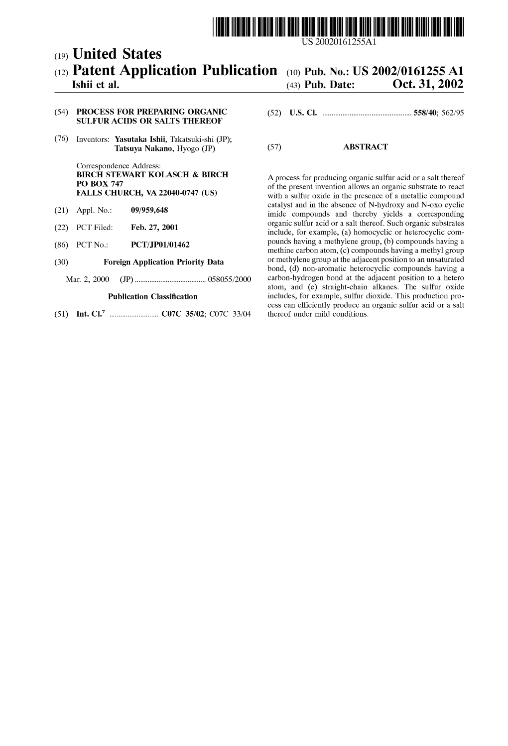 (12) Patent Application Publication (10) Pub. No.: US 2002/0161255A1 Ishii Et Al