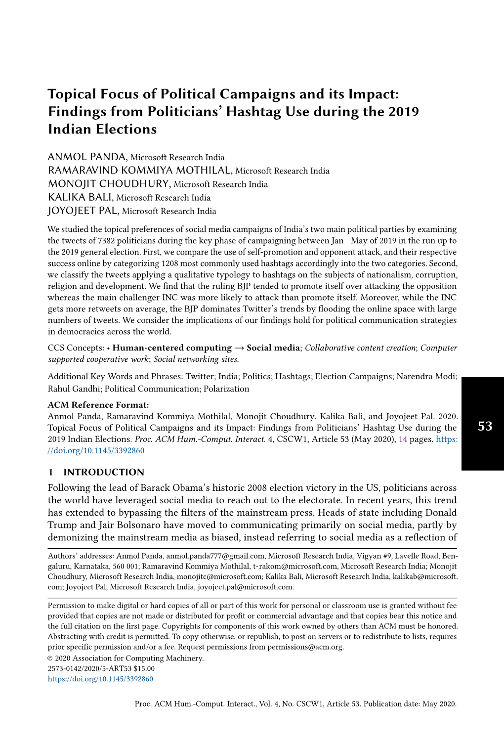 Topical Focus of Political Campaigns and Its Impact: Findings from Politicians’ Hashtag Use During the 2019 Indian Elections