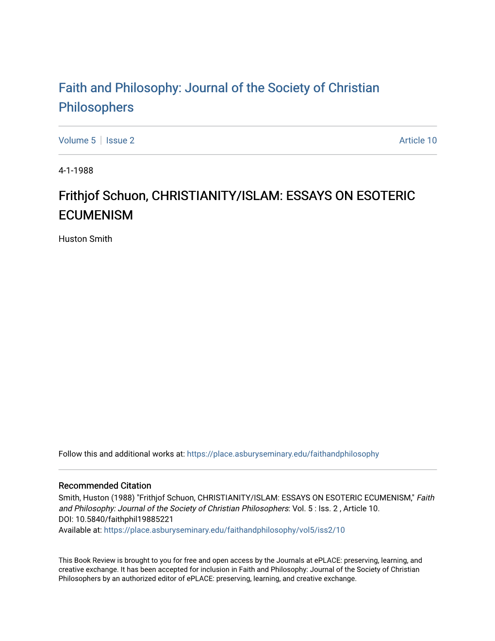 Frithjof Schuon, CHRISTIANITY/ISLAM: ESSAYS on ESOTERIC ECUMENISM