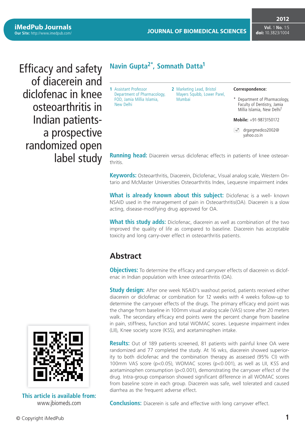 Efficacy and Safety of Diacerein And