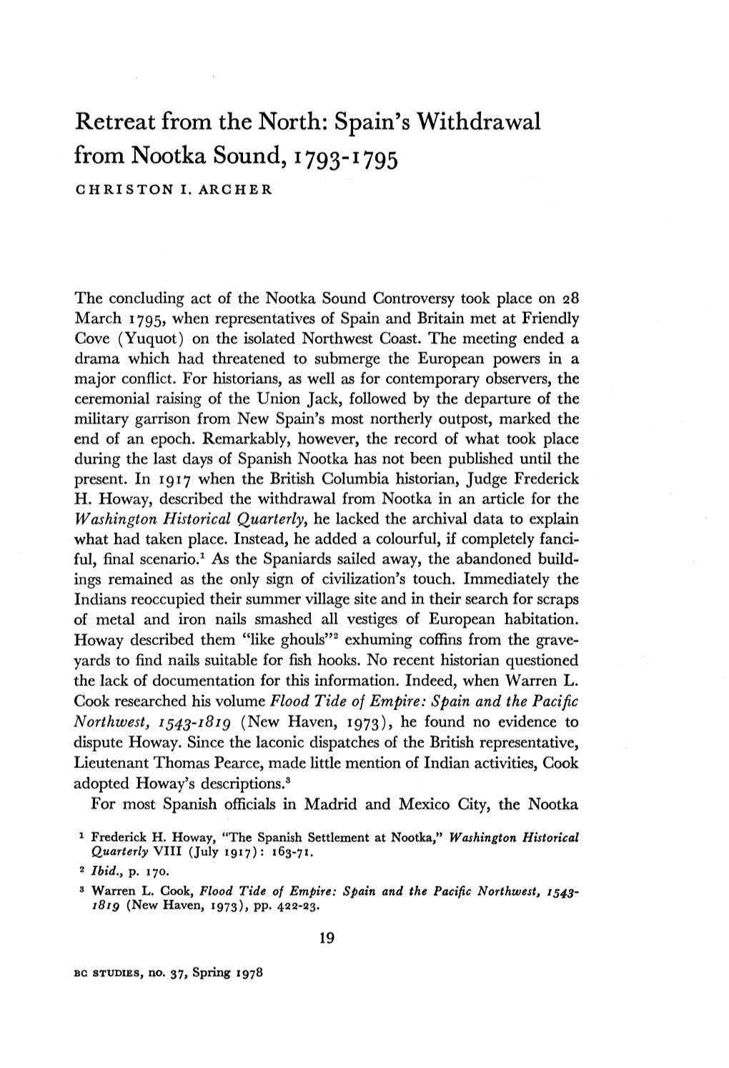 Spain's Withdrawal from Nootka Sound, 1793- *795 GHRISTON I