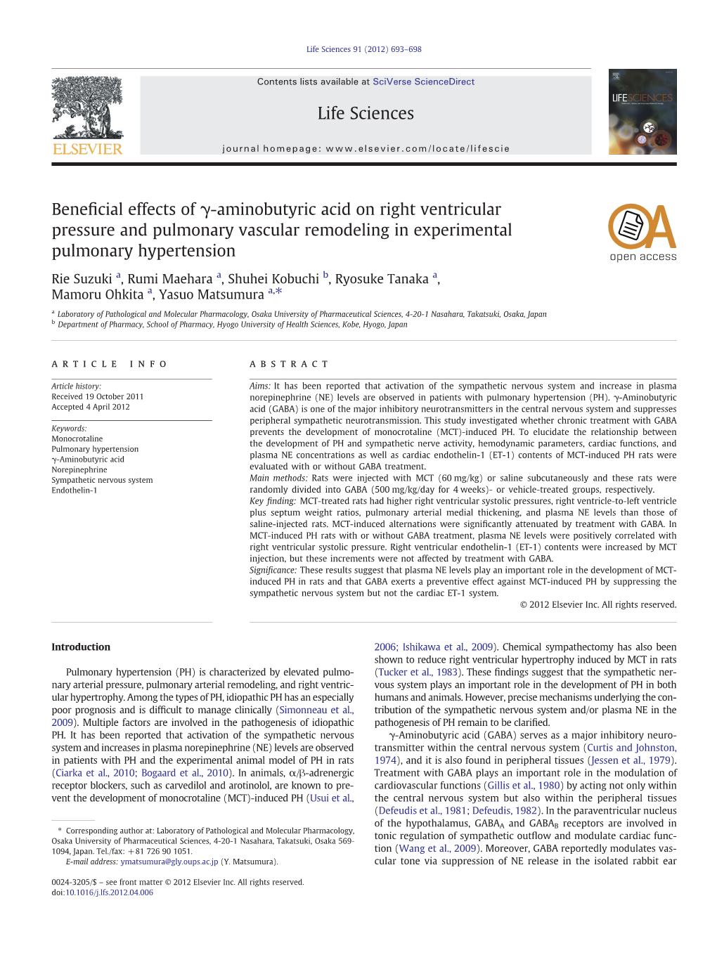 Beneficial Effects of Γ-Aminobutyric Acid on Right Ventricular Pressure