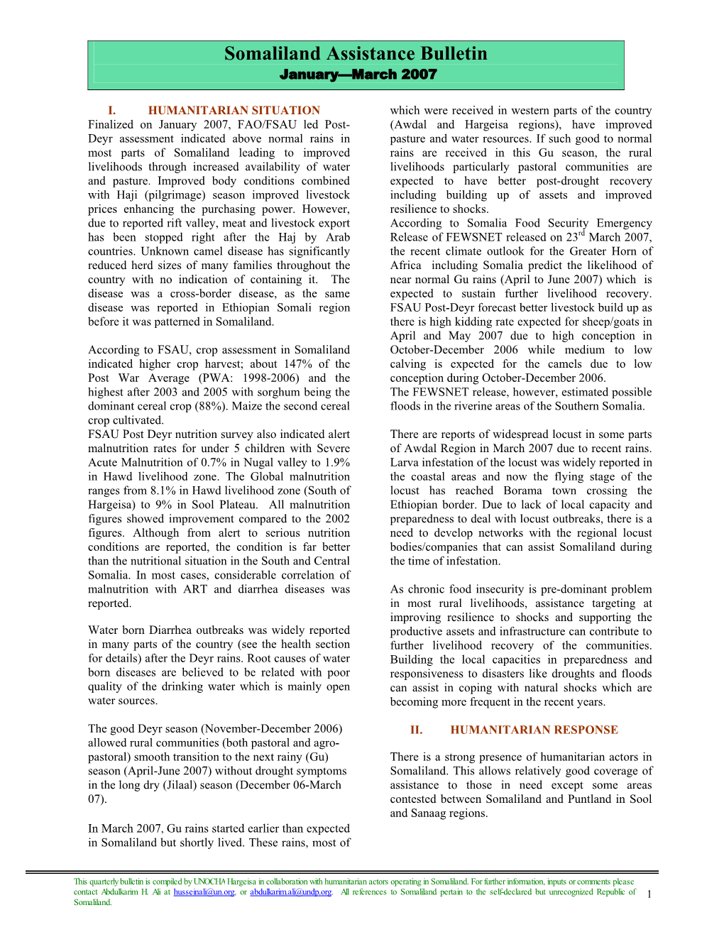 Somaliland Assistance Bulletin January—March 2007