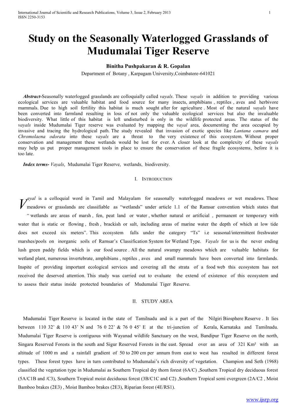 Study on the Seasonally Waterlogged Grasslands of Mudumalai Tiger Reserve