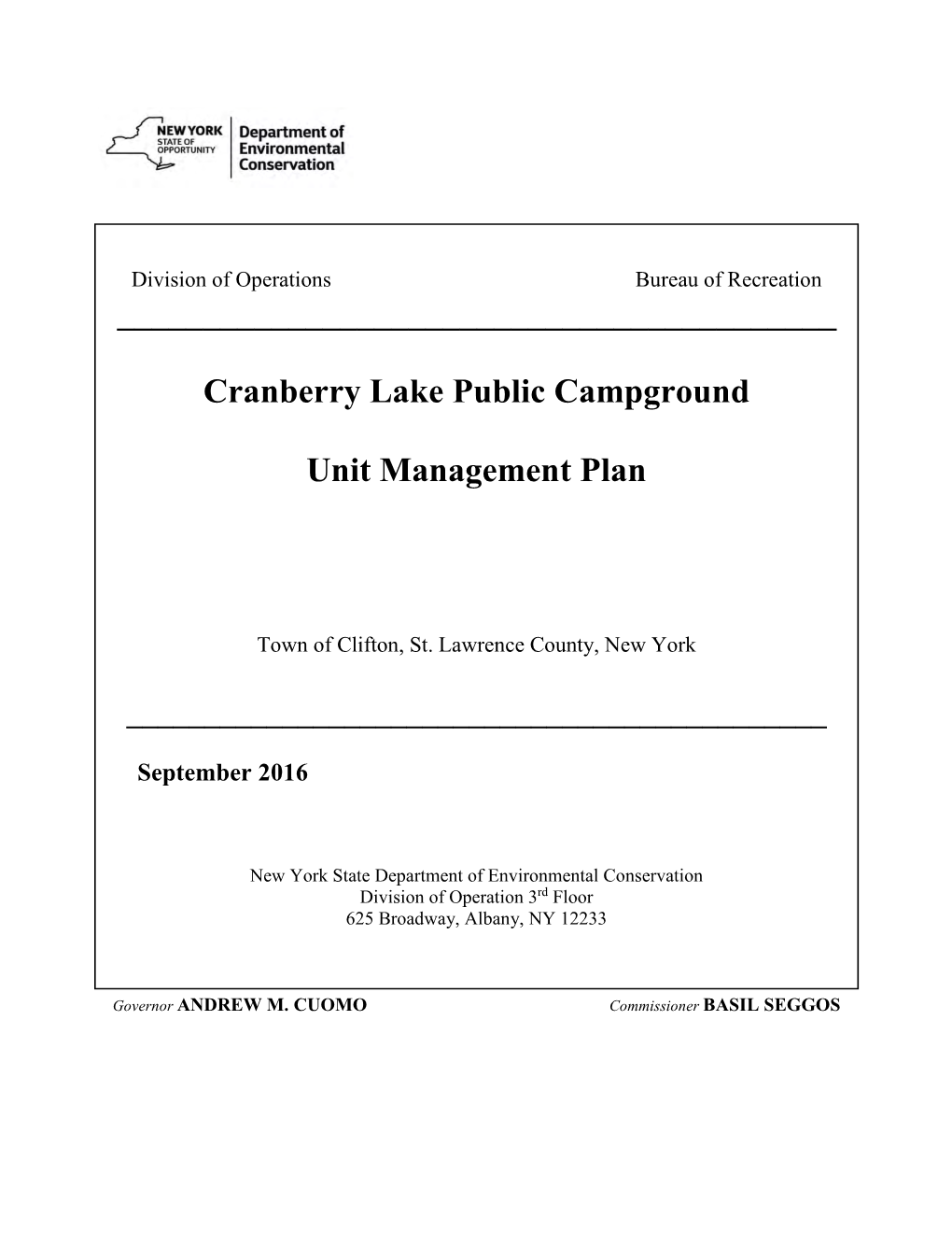 Cranberry Lake Public Campground Unit Management Plan