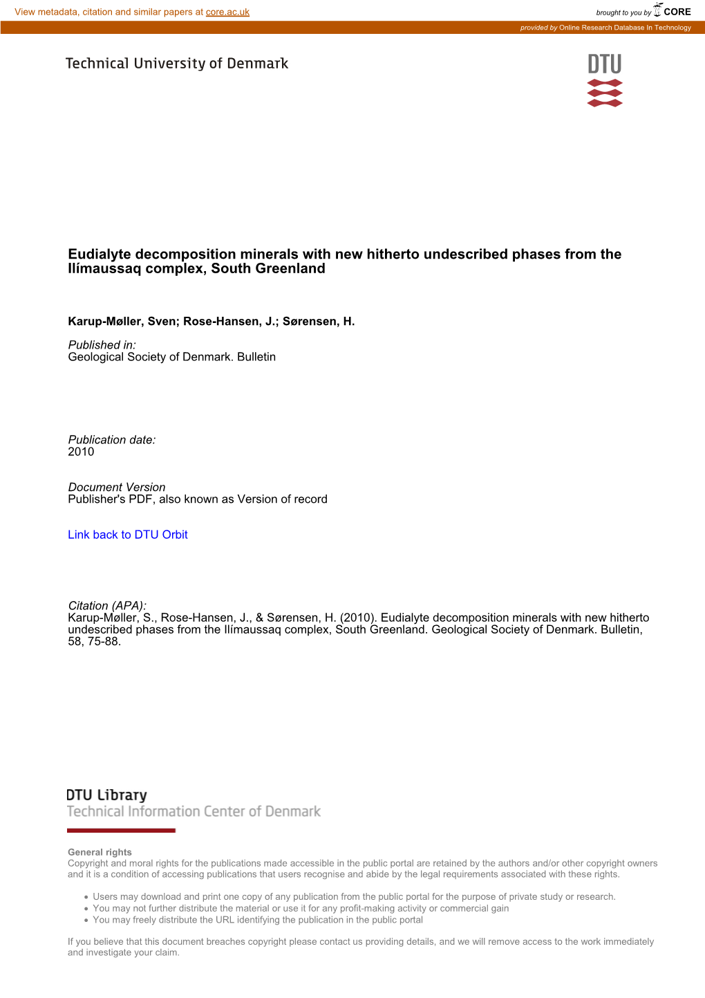 Eudialyte Decomposition Minerals with New Hitherto Undescribed Phases from the Ilímaussaq Complex, South Greenland