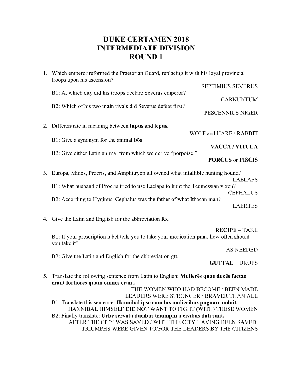 Duke Certamen Intermediate Questions 2018