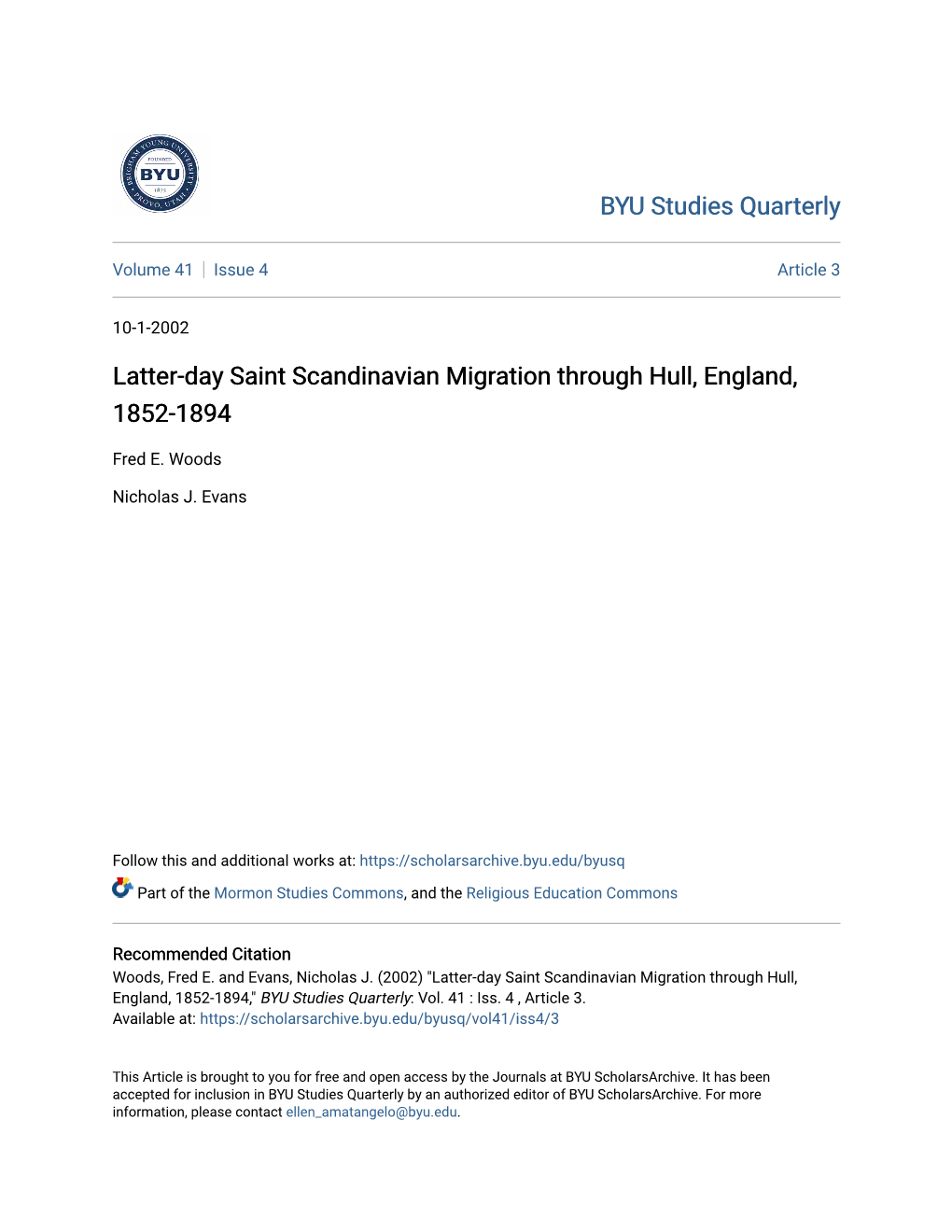 Latter-Day Saint Scandinavian Migration Through Hull, England, 1852-1894