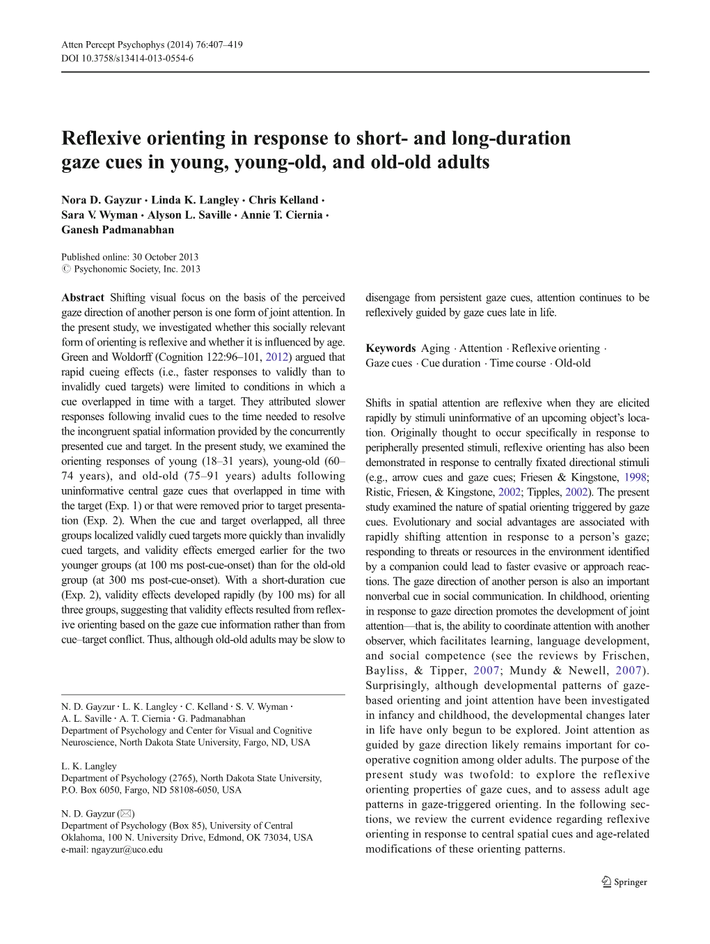 Reflexive Orienting in Response to Short- and Long-Duration Gaze Cues in Young, Young-Old, and Old-Old Adults