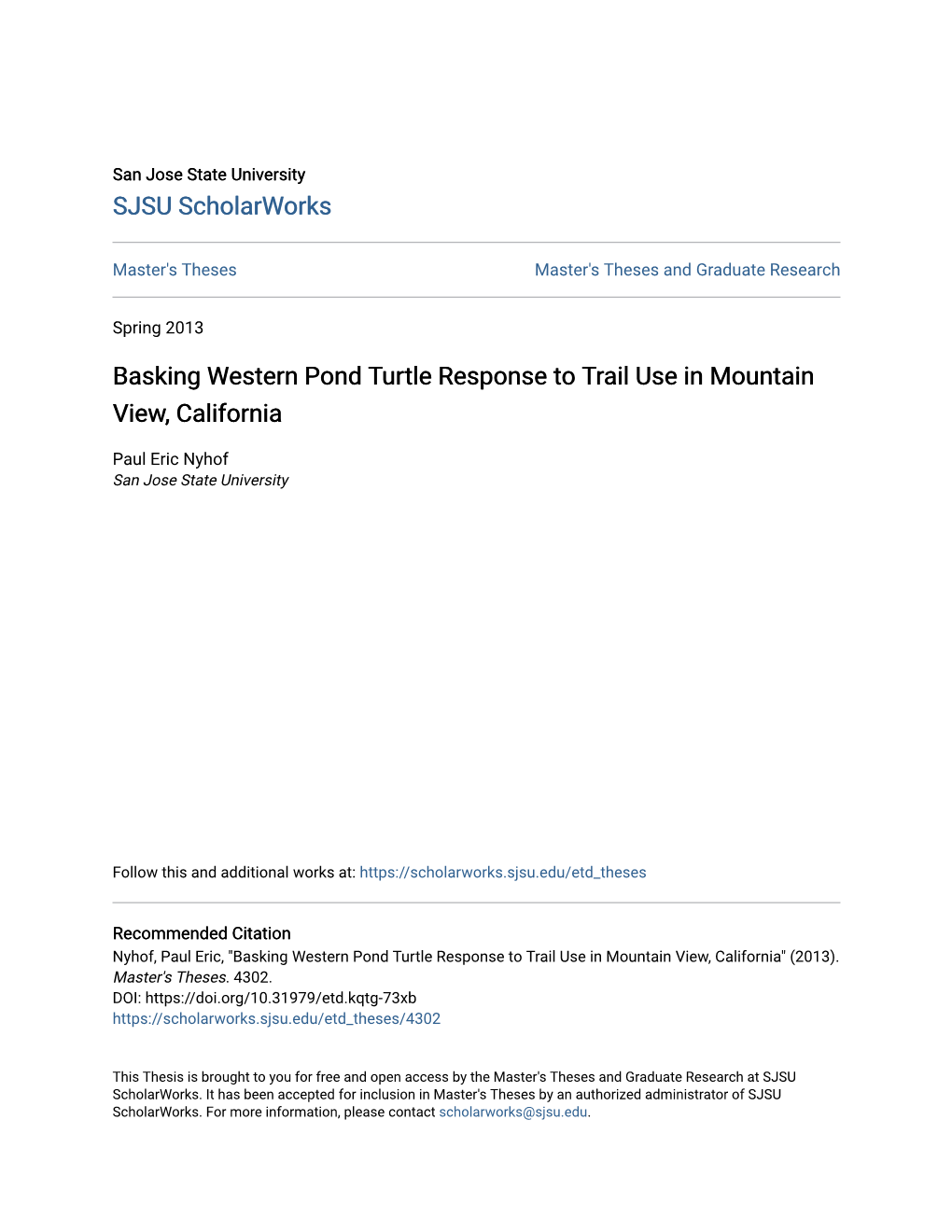 Basking Western Pond Turtle Response to Trail Use in Mountain View, California