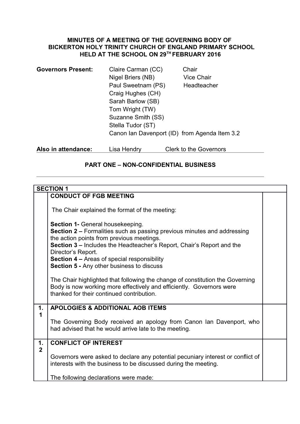 Minutes of a Meeting of the Governing Body Of