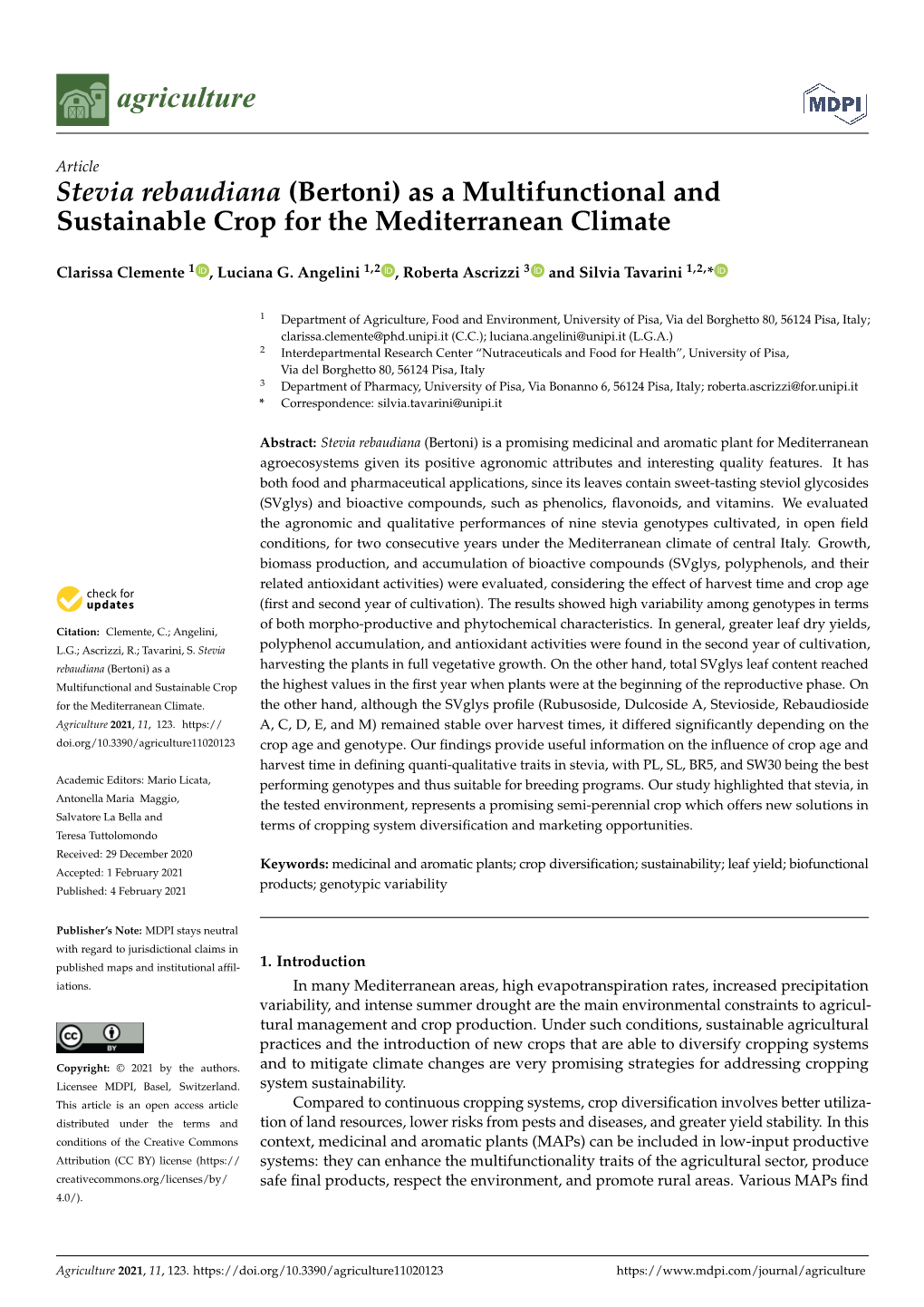 Stevia Rebaudiana (Bertoni) As a Multifunctional and Sustainable Crop for the Mediterranean Climate