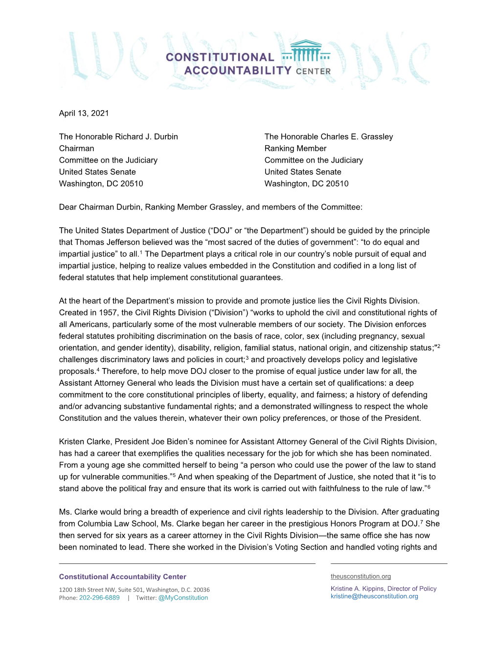 Constitutional Accountability Center Letter of Support for Kristen Clarke