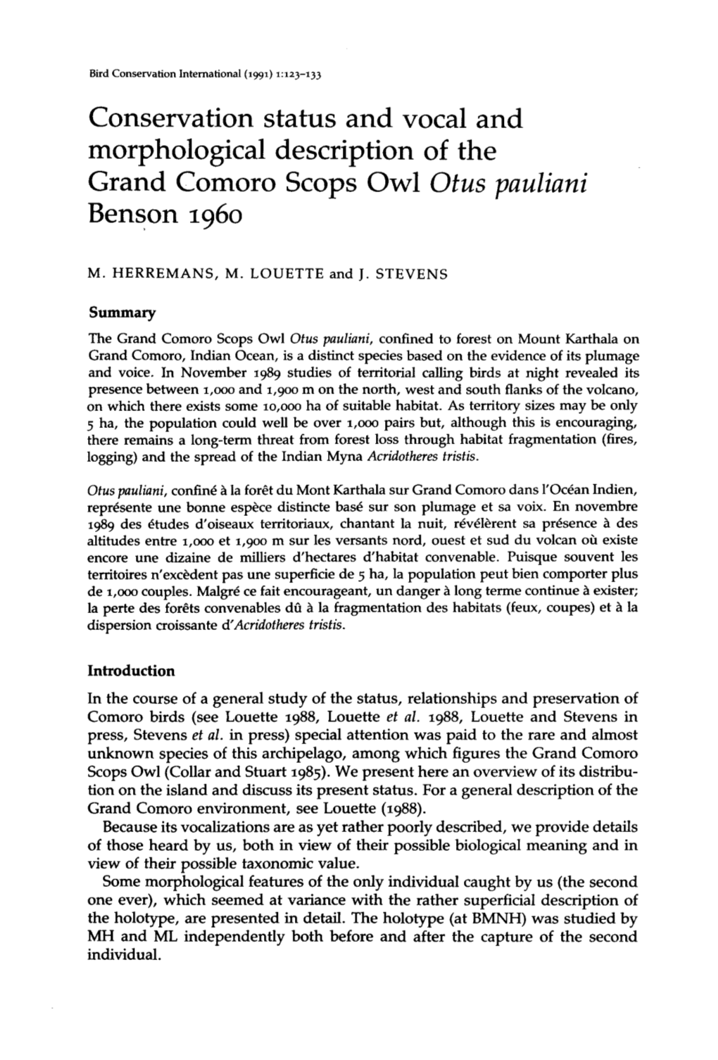 Conservation Status and Vocal and Morphological Description of the Grand Comoro Scops Owl Otus Pauliani Benson I960
