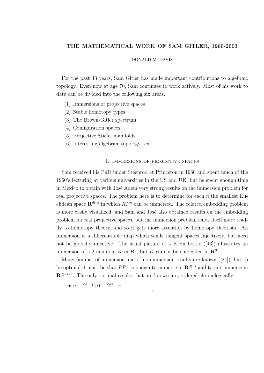 THE MATHEMATICAL WORK of SAM GITLER, 1960-2003 for the Past