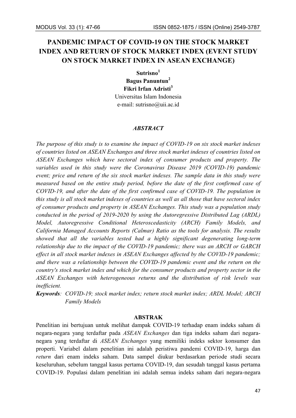 Event Study on Stock Market Index in Asean Exchange)