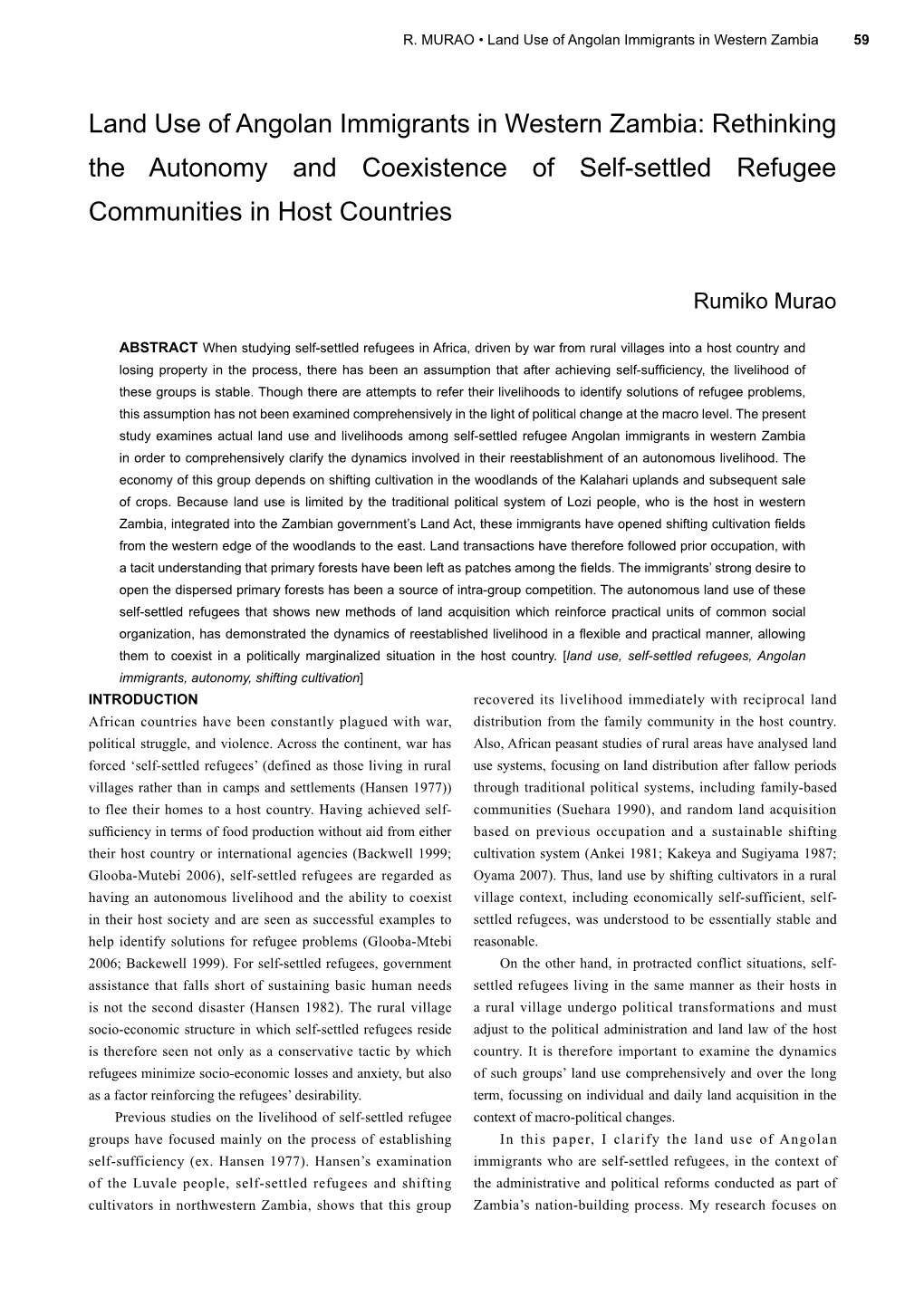 Land Use of Angolan Immigrants in Western Zambia: Rethinking the Autonomy and Coexistence of Self-Settled Refugee Communities in Host Countries