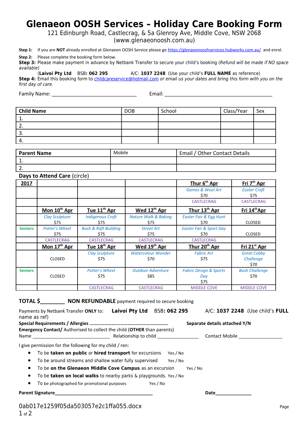 Glenaeon OOSH Services Holiday Care Booking Form