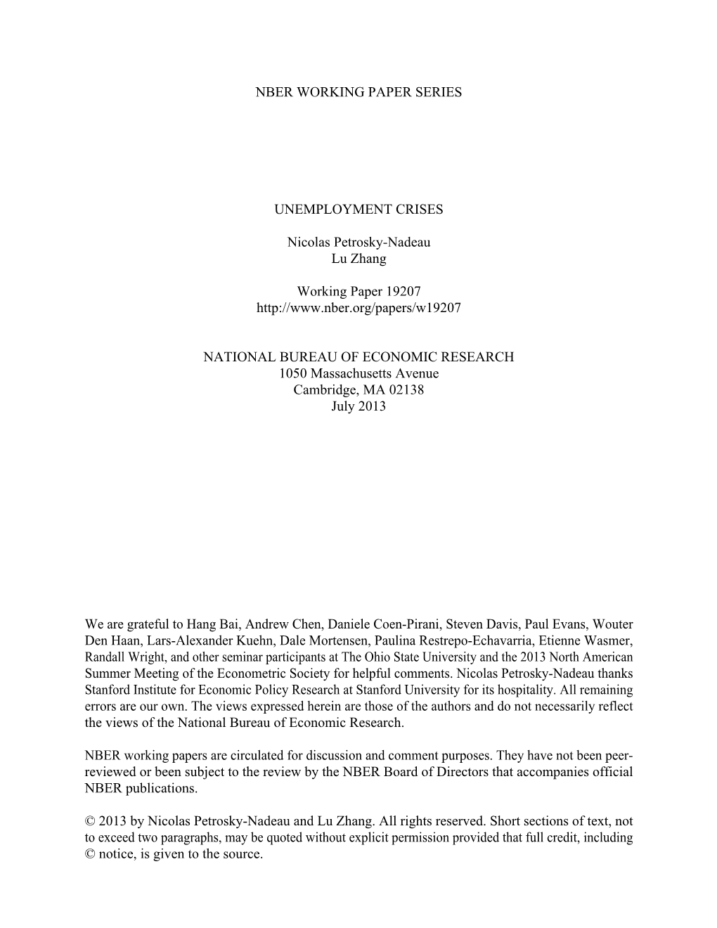 NBER WORKING PAPER SERIES UNEMPLOYMENT CRISES Nicolas Petrosky-Nadeau Lu