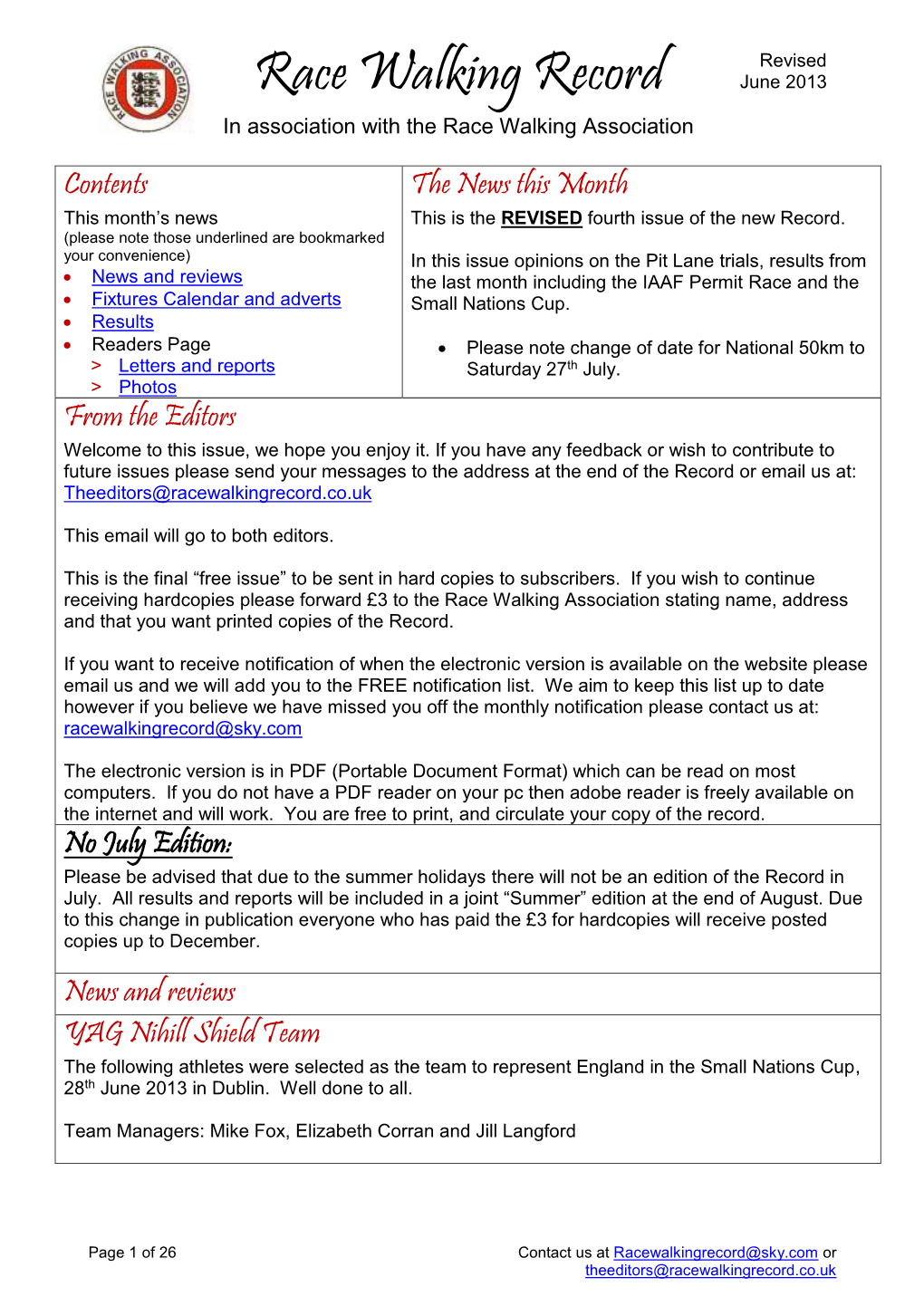 Race Walking Record June 2013 in Association with the Race Walking Association