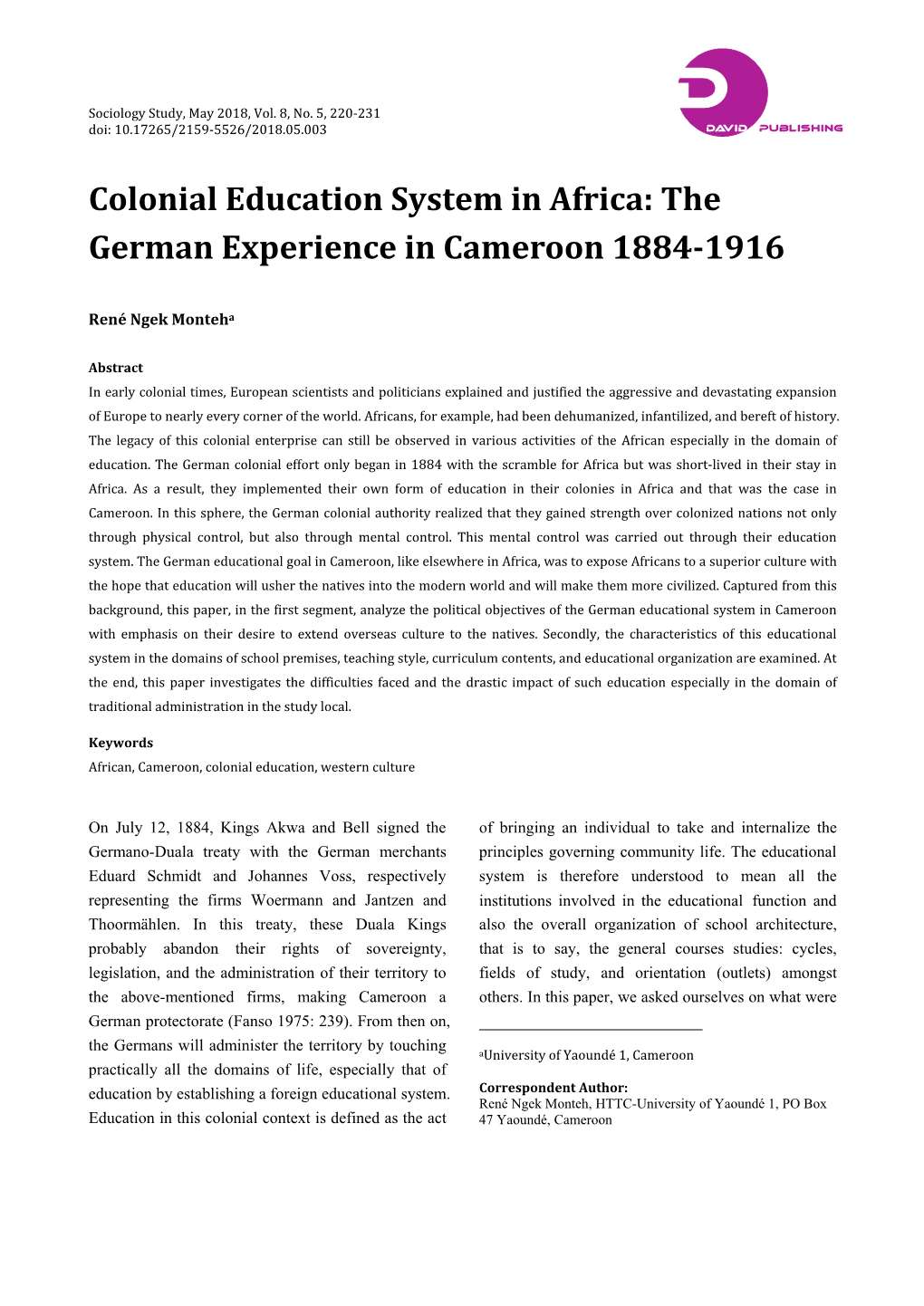 Colonial Education System in Africa: the German Experience in Cameroon 1884­1916