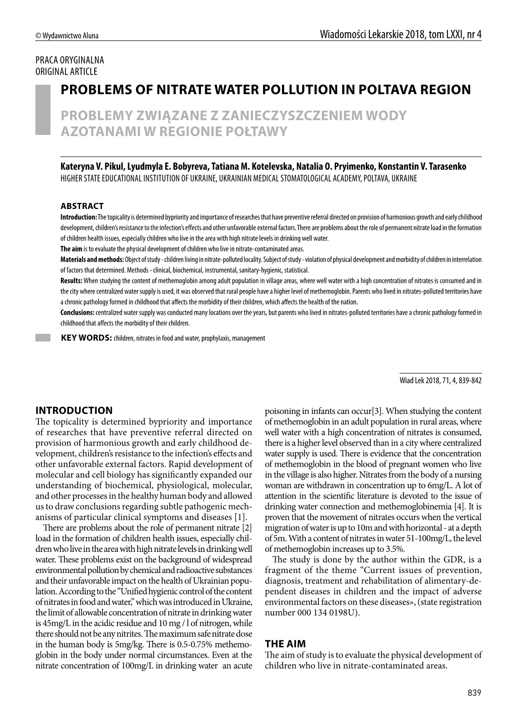 Problems of Nitrate Water Pollution in Poltava Region Problemy Związane Z Zanieczyszczeniem Wody Azotanami W Regionie Połtawy