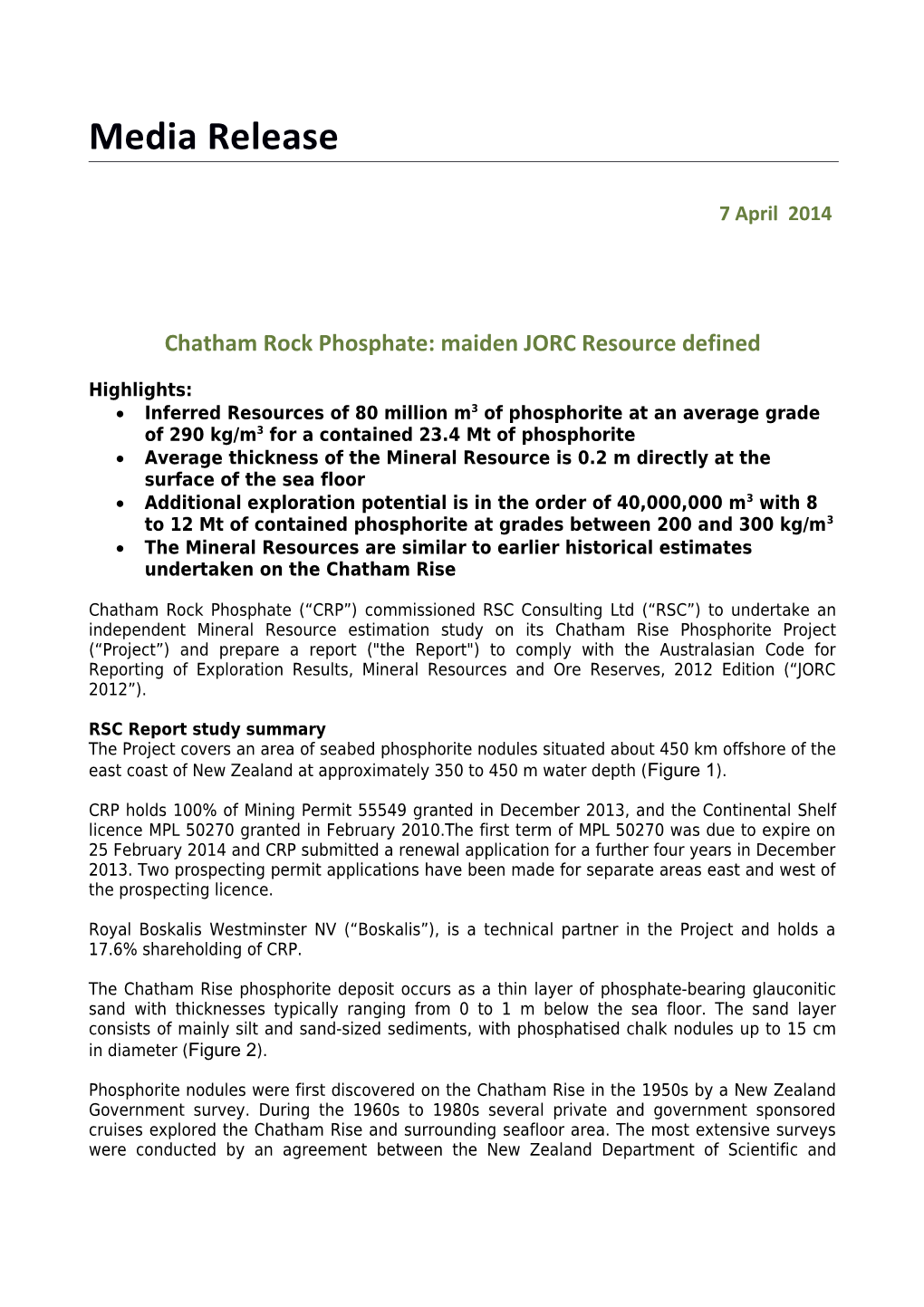 Chatham Rock Phosphate: Maiden JORC Resource Defined