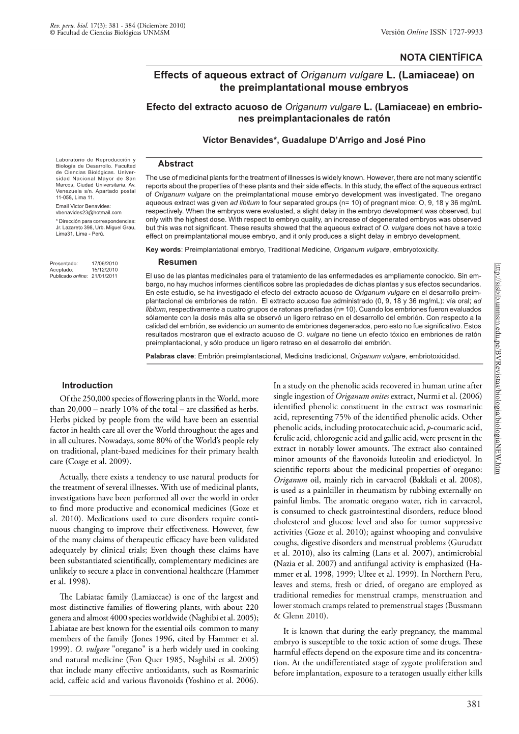 Effects of Aqueous Extract of Origanum Vulgare L. (Lamiaceae) on the Preimplantational Mouse Embryos Efecto Del Extracto Acuoso De Origanum Vulgare L