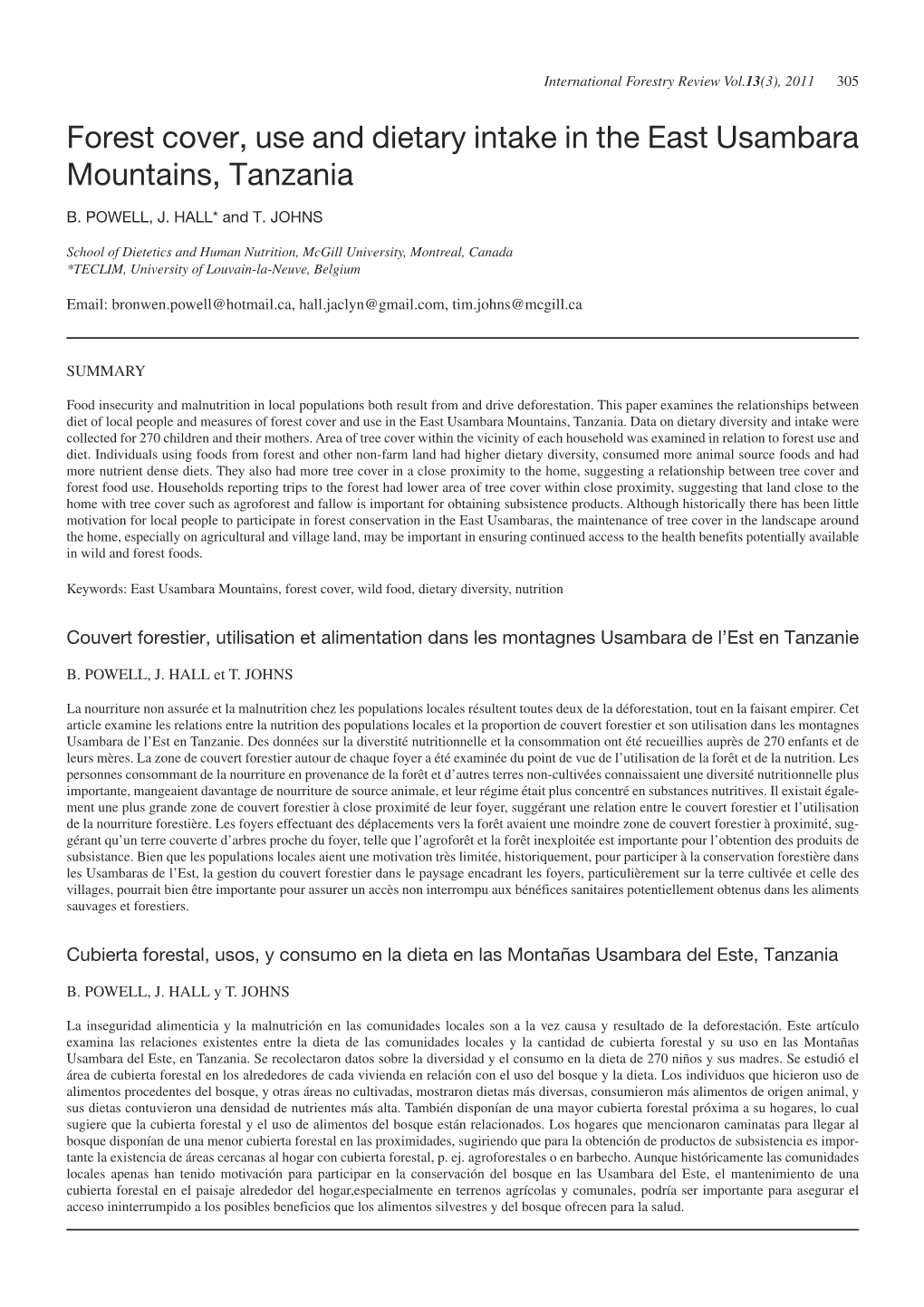 Forest Cover, Use and Dietary Intake in the East Usambara Mountains, Tanzania