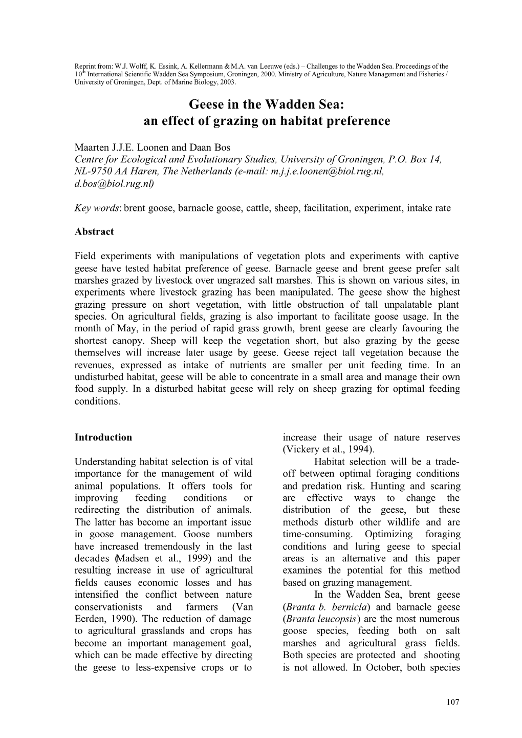 Geese in the Wadden Sea: an Effect of Grazing on Habitat Preference