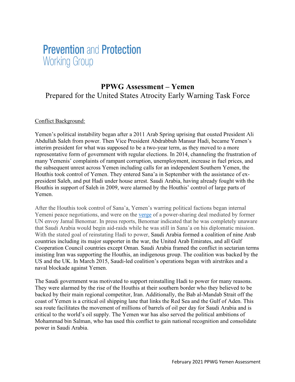 PPWG Assessment – Yemen Prepared for the United States Atrocity Early Warning Task Force