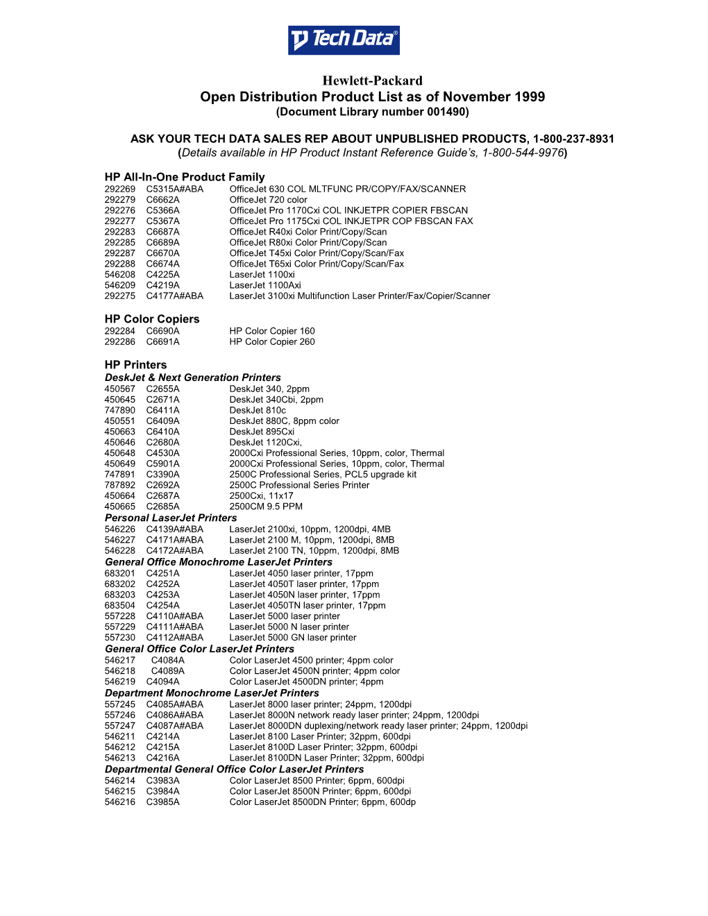 Hewlett-Packard Open Distribution Product List As of April 1998