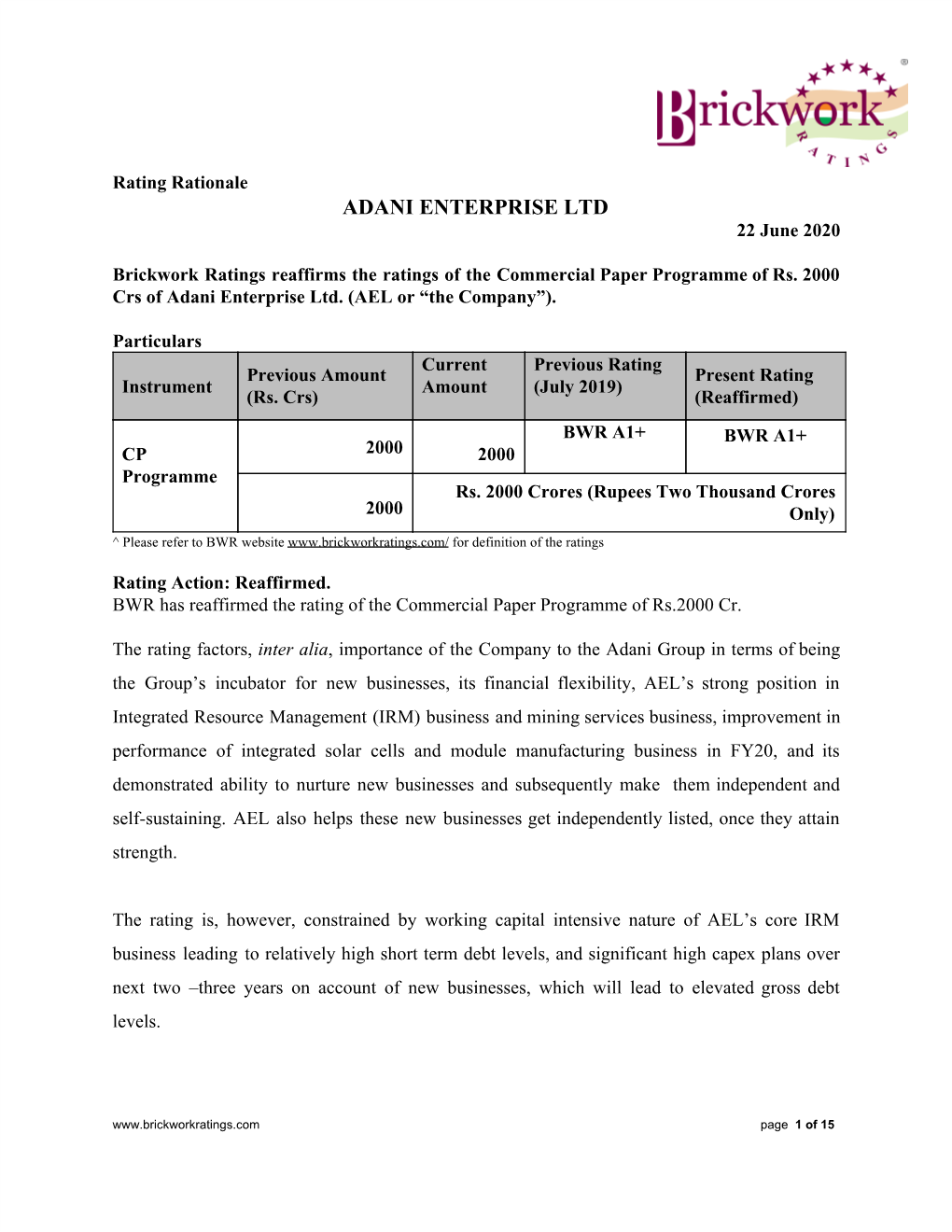 ADANI ENTERPRISE LTD 22 June 2020