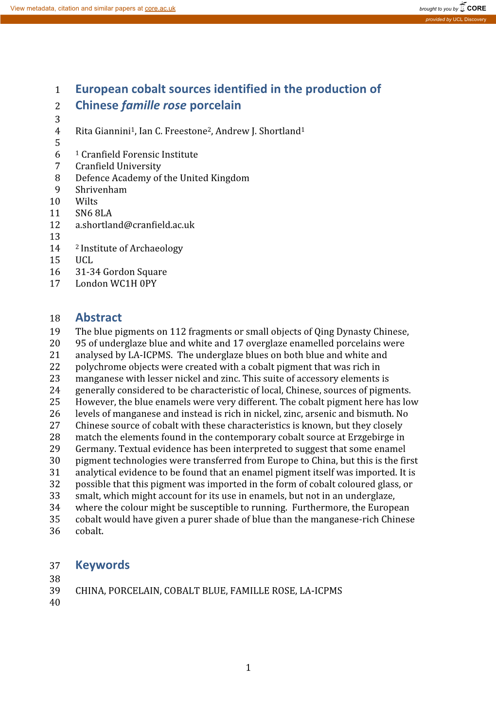 European Cobalt Sources Identified in the Production of Chinese Famille Rose Porcelain Abstract Keywords