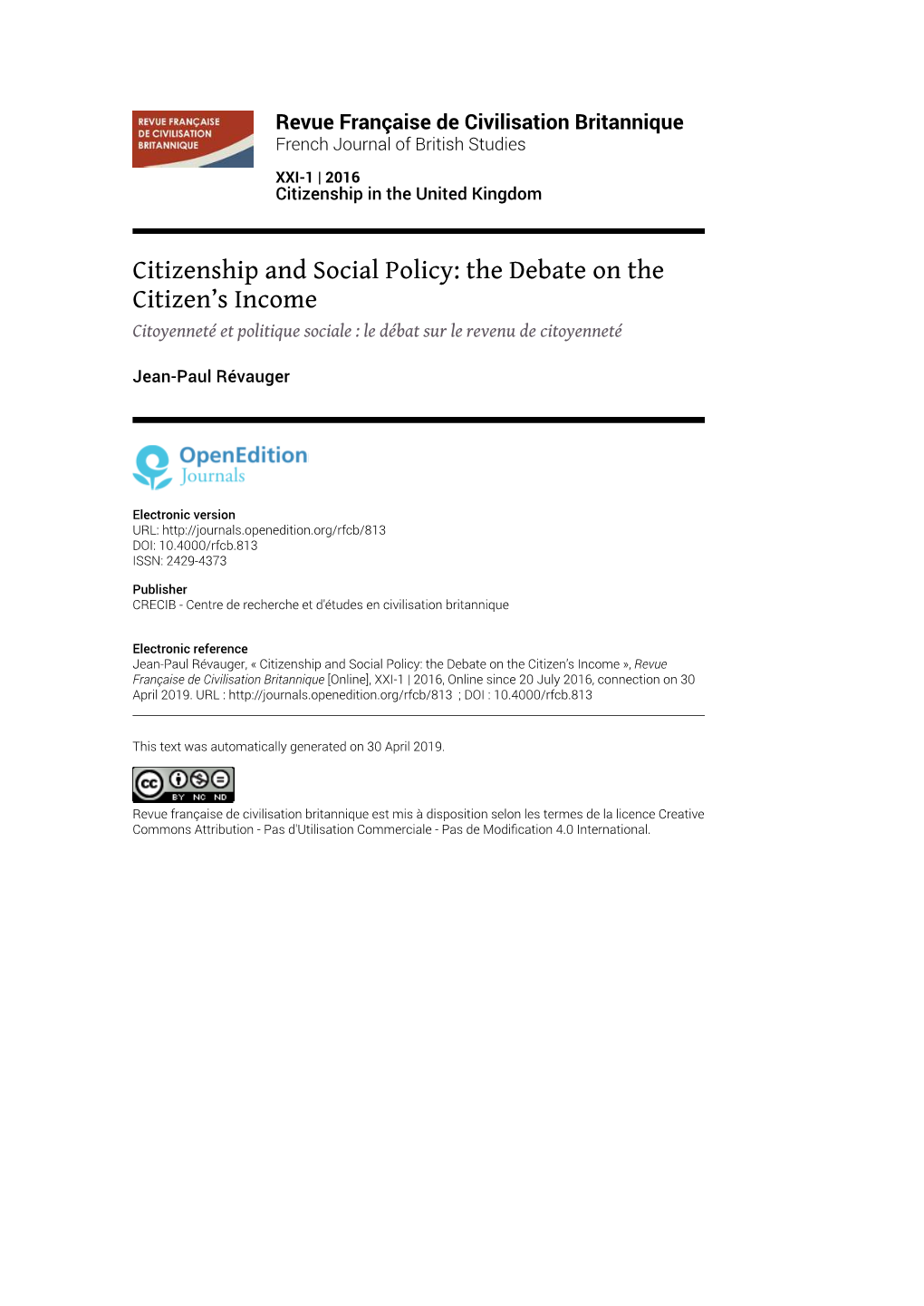 Revue Française De Civilisation Britannique, XXI-1 | 2016 Citizenship and Social Policy: the Debate on the Citizen’S Income 2