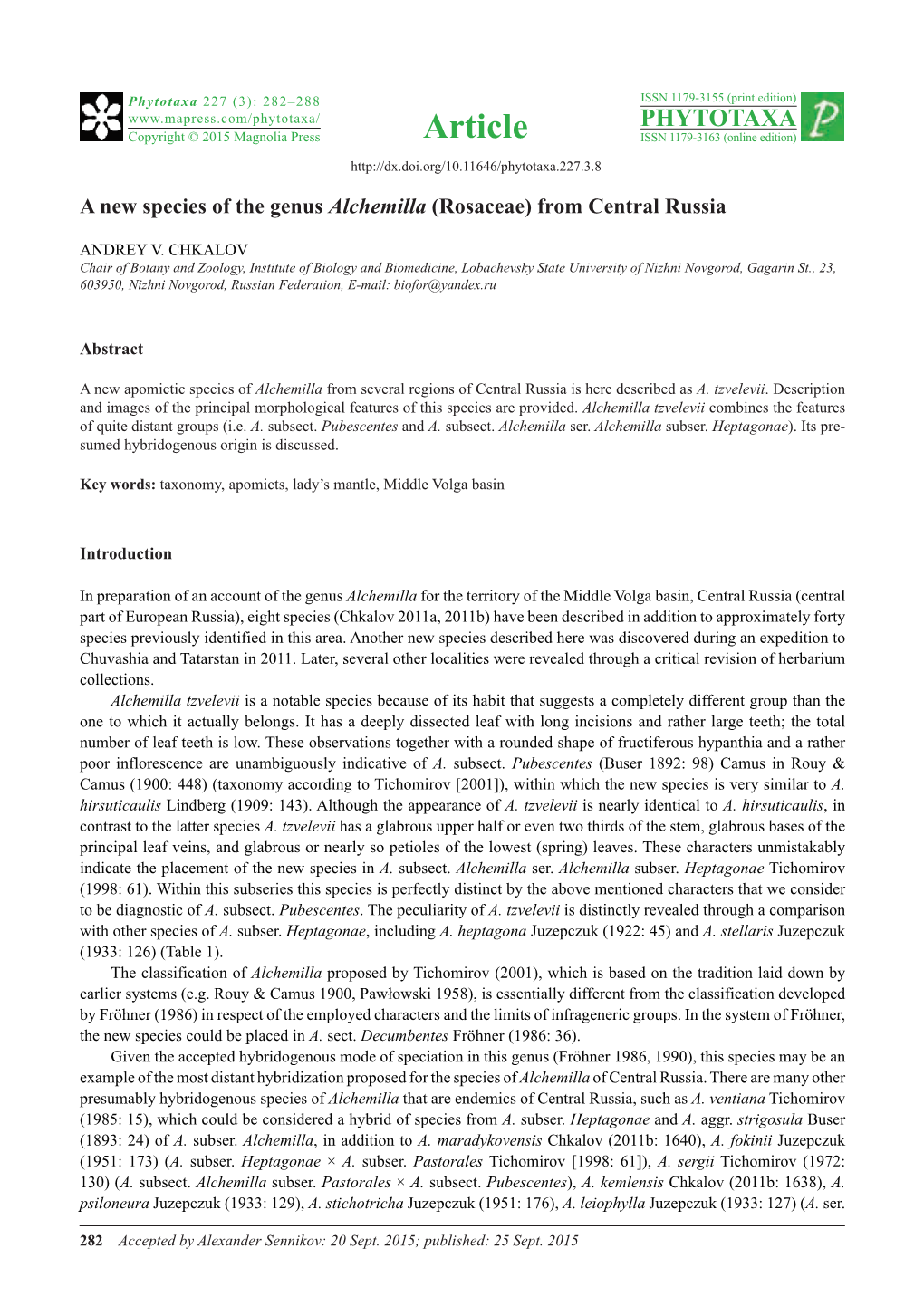 A New Species of the Genus Alchemilla (Rosaceae) from Central Russia