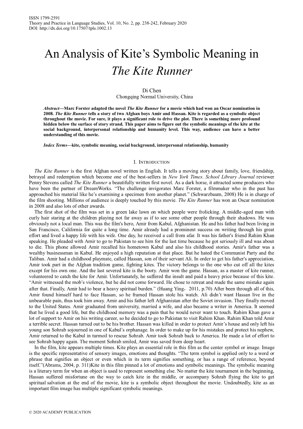 An Analysis of Kite's Symbolic Meaning in the Kite Runner