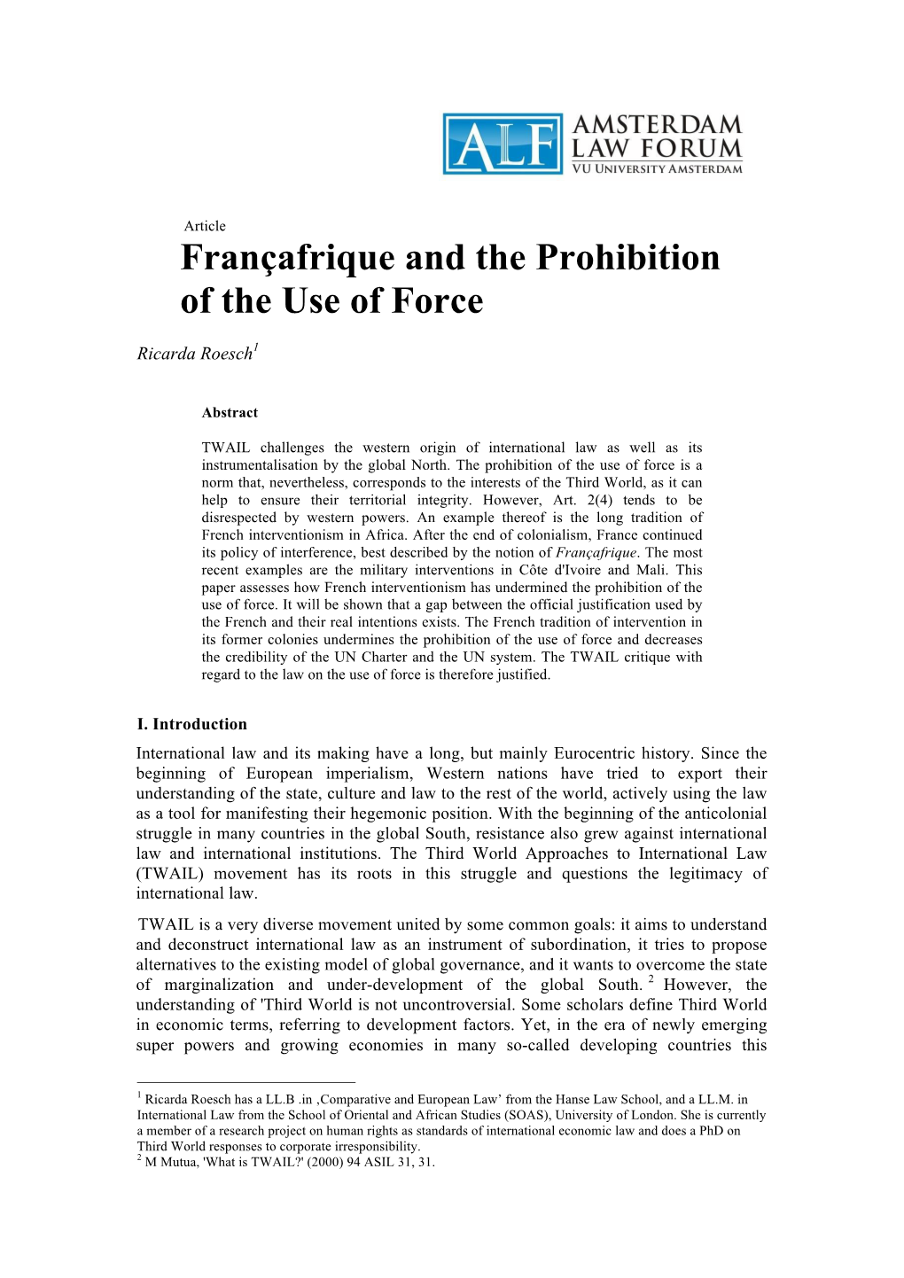 Françafrique and the Prohibition of the Use of Force